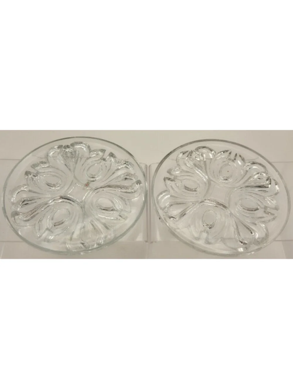 Pair Clear Pressed Glass Round Candle Holders Coasters Raised Floral Scroll